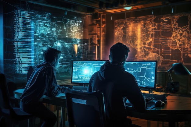 Two young men in casual clothes working on computers at night in a dark office