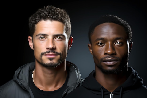 Photo two young men of caucasian and african american appearance in sports jackets