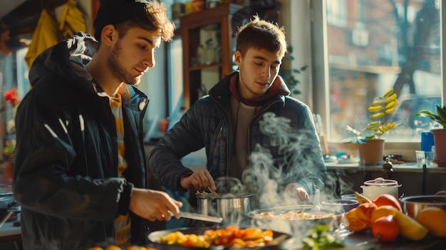 Two young men cooking food in a cafe or restaurant The concept of friendship and family values