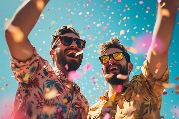 Two young men having fun with confetti on a sunny day