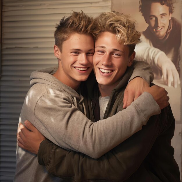 Photo two young men hugging each other