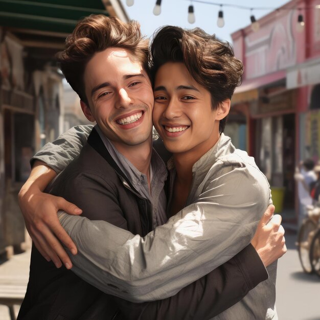 Two young men hugging each other