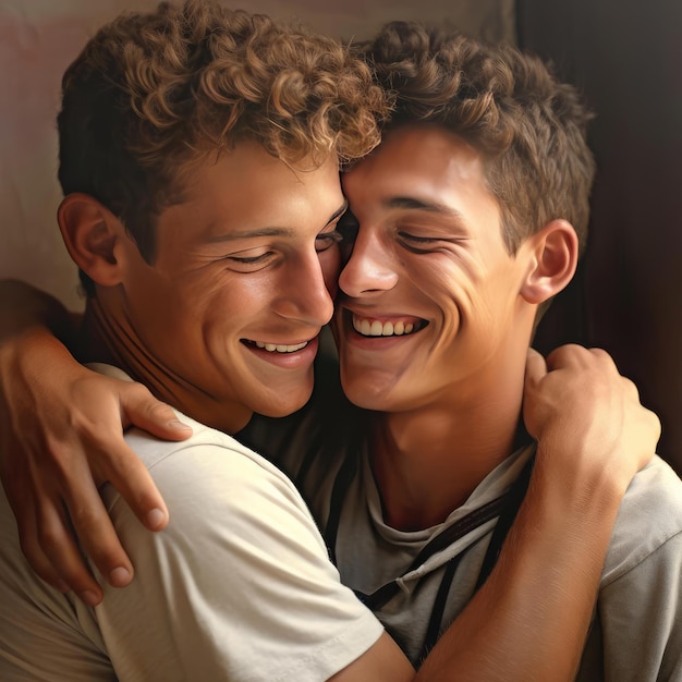 Photo two young men hugging each other