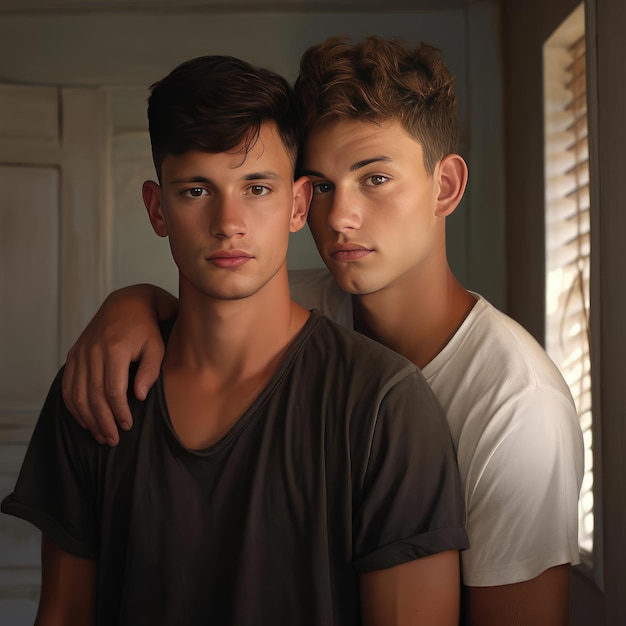Фото Двое молодых людей обнимают друг друга