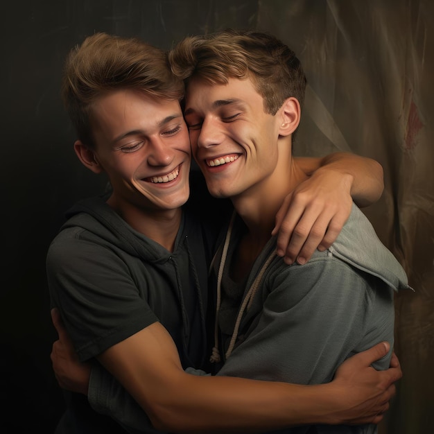 Two young men hugging each other