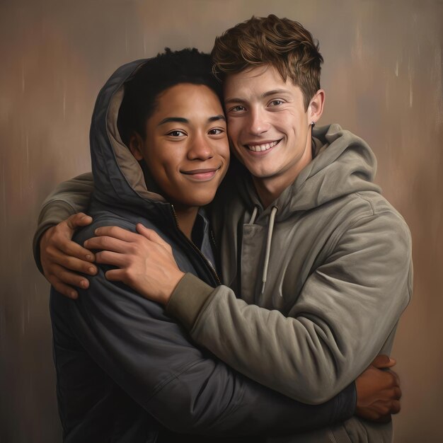 Photo two young men hugging each other