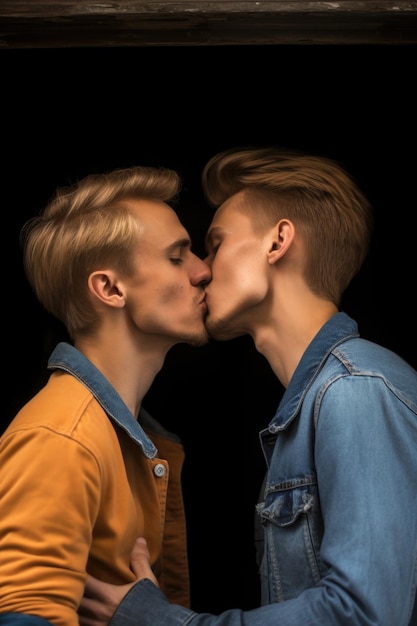 Два молодых человека целуются и обнимаются.