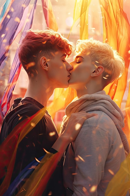 Two young men kissing with LGBTQ waving flag in background falling ribbons around sunlight colorful