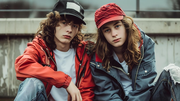 Photo two young men with long hair are sitting on a bench they are both wearing casual clothes and looking at the camera the background is out of focus