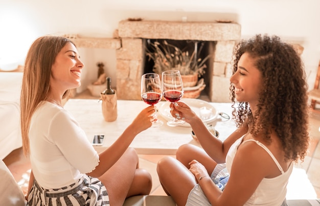 Two young mixed race beautiful women toasting at home with red wine glasses