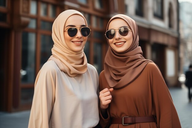 Две молодые мусульманки улыбаются вместе на улице.