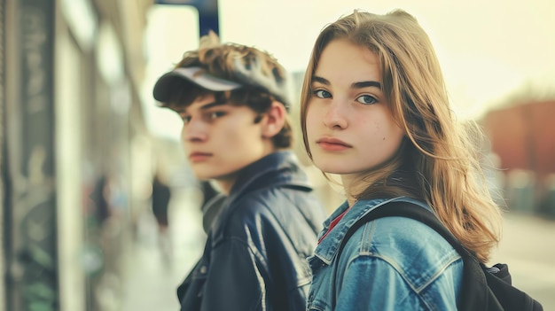 Two young people a boy and a girl are standing close to each other