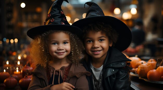 카메라를 위해 포즈를 취하는 마녀 모자를 쓴 할로윈 의상을 입은 두 젊은이