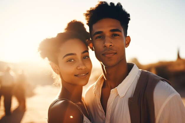 Photo two young people in love hugging against the setting sun generative ai