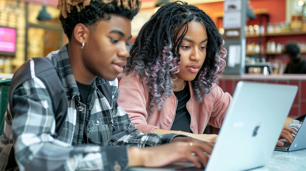 Two young people sitting at a cafe using a laptop