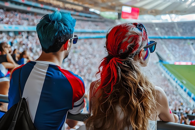 Two young people sitting at a football stadium with paint on their faces and hair olympic games