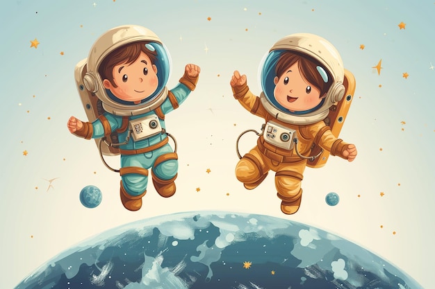 Two young people in spacesuits fly around the planet earth