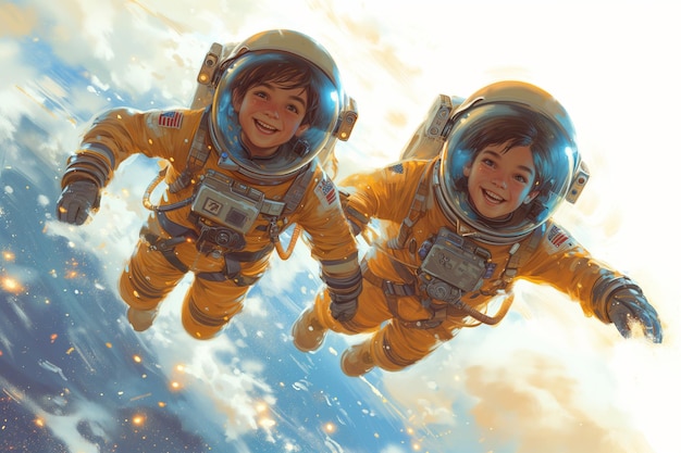 Two young people in spacesuits fly around the planet earth