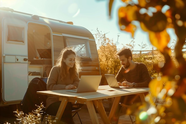 Two young people working on a laptop next to a caravan