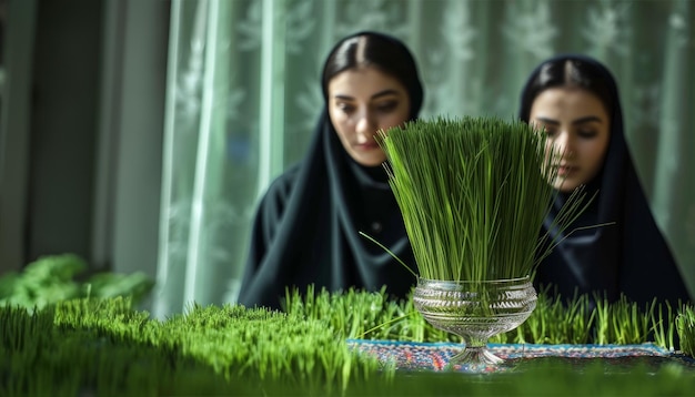 Two young persian women in black chador stand behind a glass bowl of iranian wheatgrass on a green table nowruz photo background