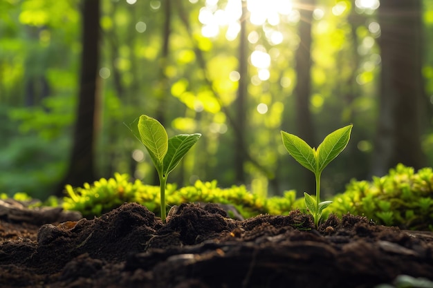 Two Young Plants Emerging in Forest