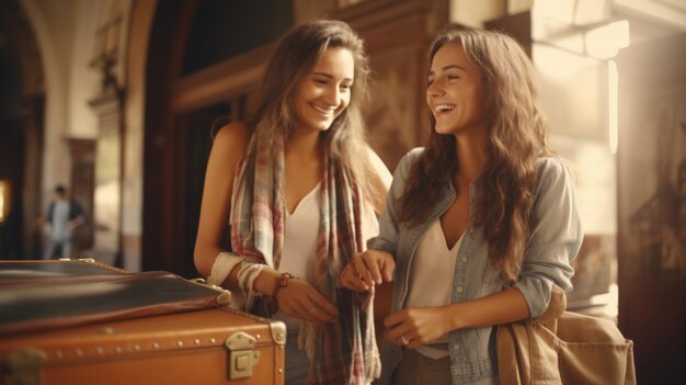 Two young pretty girls exploring and looking on map before their traveling adventures smiling