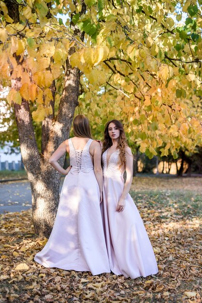 Two young princess wearing nice beige dress in autumn park. Fashion photo.