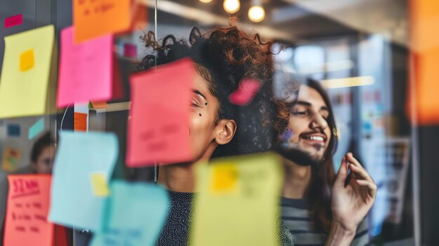 Two young professionals brainstorming ideas in a modern office They are using sticky notes to organize their thoughts