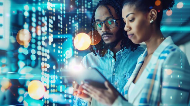 Two young professionals a man and a woman are looking at a tablet They are standing in a modern office space with a large window in the background