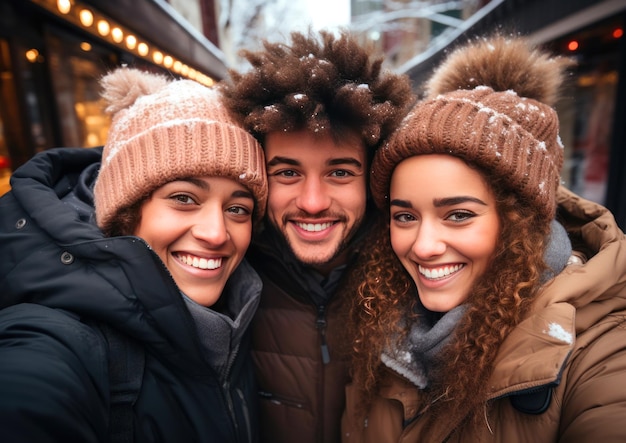 Photo two young smiling women and man in winter clothes friendship concept
