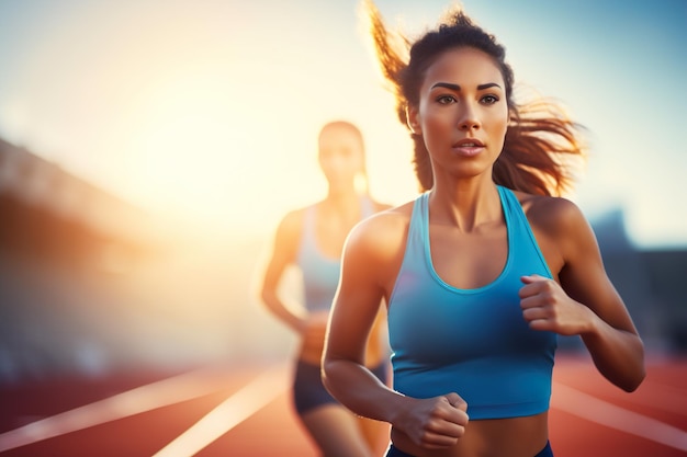 Two young sporty women running on a track at sunset Fitness and healthy lifestyle