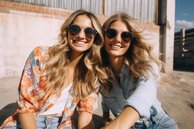 여름 스터 옷을 입은 두 명의 젊은 스타일리시한 금발 여성이 거리의 배경에서 스마트폰에서 소셜 미디어를 위해 셀피 사진을 찍습니다.