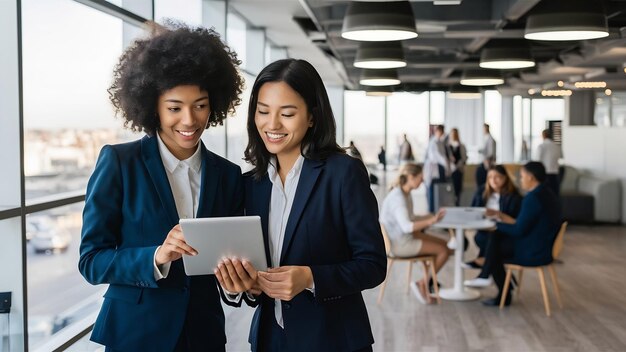 Two young successful businesswomen looking at tablet over business centre