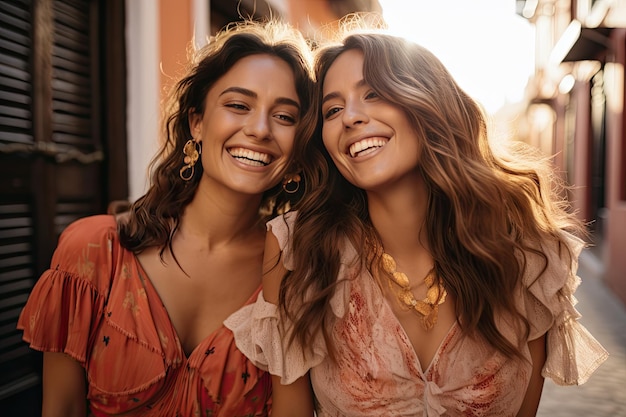 Two young women are laughing and smiling together on the sidewalk