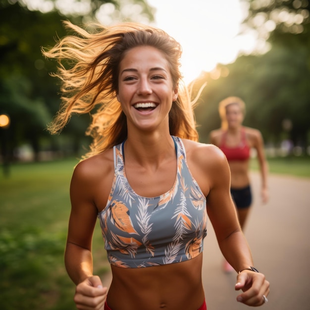 Two young women are running in a park and smiling