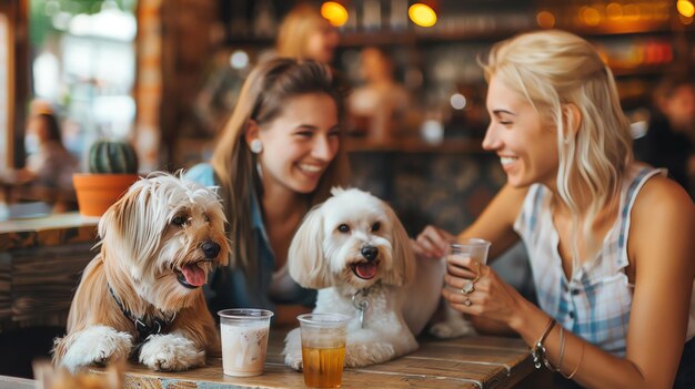 Two young women are sitting at a cafe table drinking coffee and talking