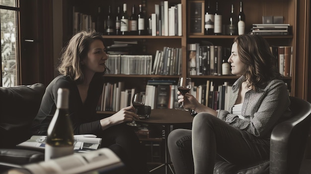 Foto due giovani donne sono sedute in un confortevole salotto a bere vino e a parlare
