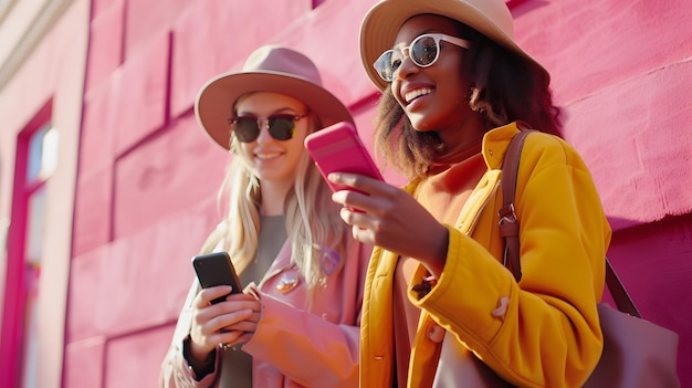 Two young women are standing in front of a pink wall They are both wearing sunglasses and hats