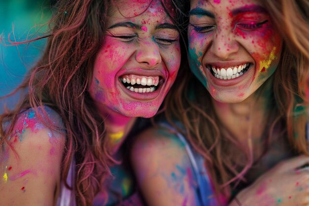 Foto due giovani donne coperte di vernice colorata che ridono