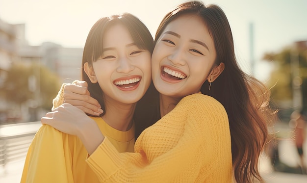 Two Young Women Embracing with Joy and Happiness