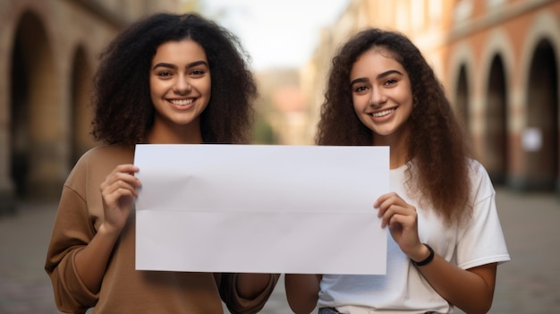 Photo two young women holding a blank sign