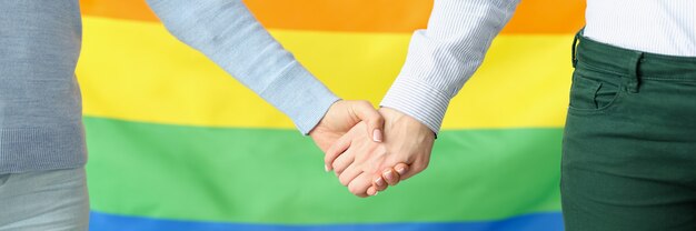 LGBT 플래그 배경에 손을 잡고 두 젊은 여성. 성 소수자 권리 개념