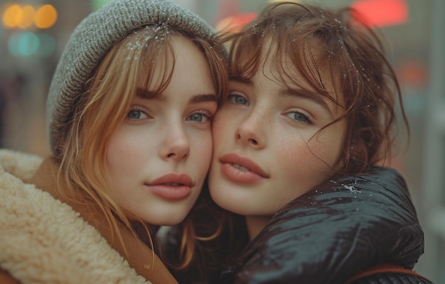 사진 도시 거리에서 키스하는 두 젊은 여성