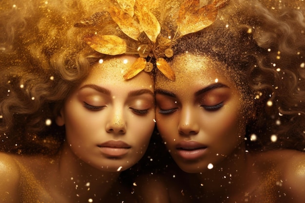 Two young women like Gemini zodiac sign on gold confetti background Portrait of adult girls models in luxury magic glitter at party Concept of beauty fashion astrology future