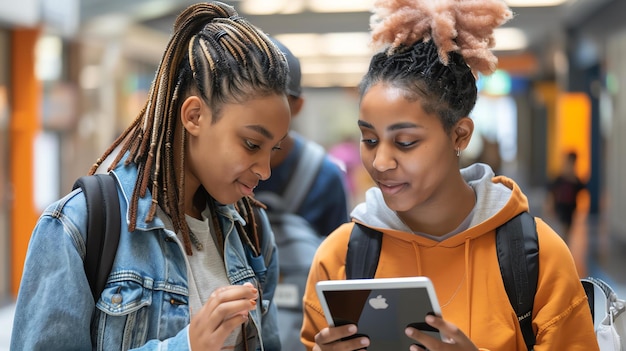 Photo two young women looking at a tablet together they are both smiling one woman is wearing a blue shirt and the other woman is wearing an orange shirt