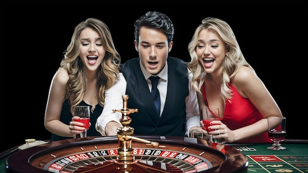 Photo two young women and man behind roulette table on black background emotions players