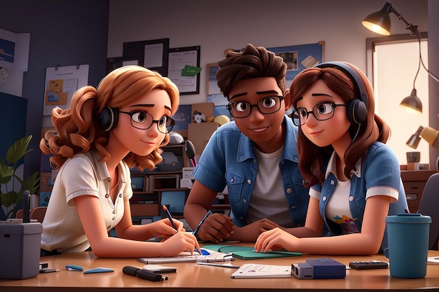 Two young women and one young man editing a video 3d character illustration