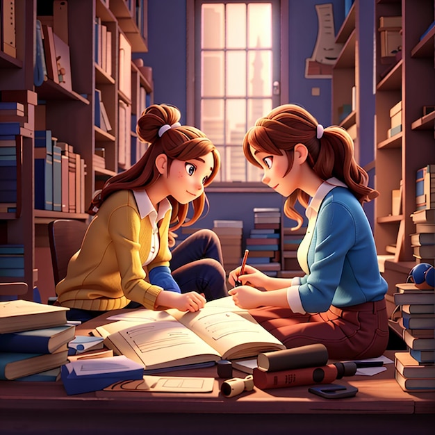 Two young women and one young man looking for ideas in books 3d character illustration