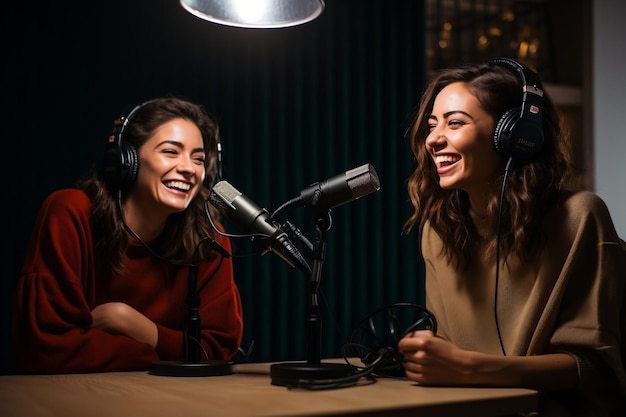 팟캐스트를 녹음하고 웃음을 나누는 두 젊은 여성 Generative Ai