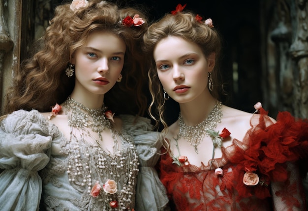 Two Young Women in Red and White Gowns
